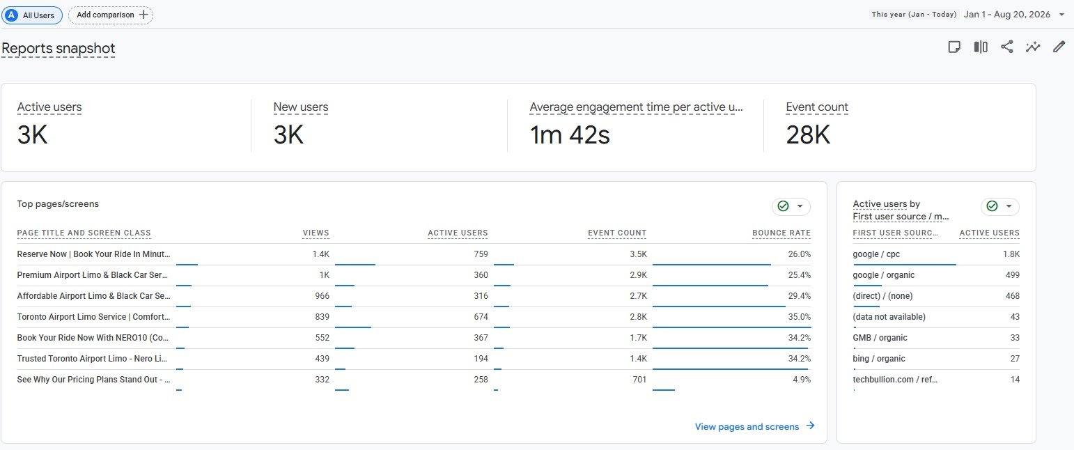 Google Analytics report for Nero Limo showing three thousand active users